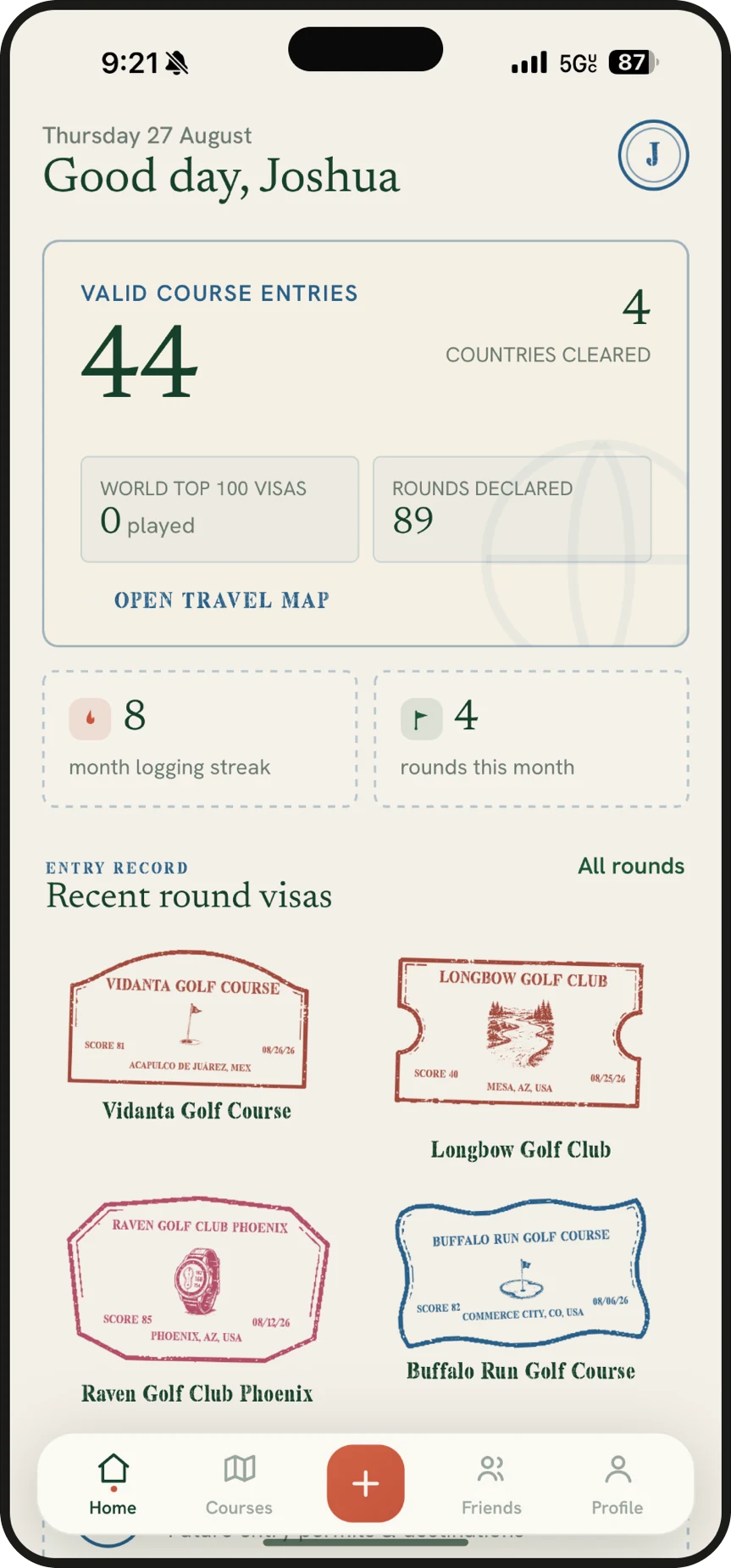 Pin Passport home screen showing 44 valid course entries and recent round visas