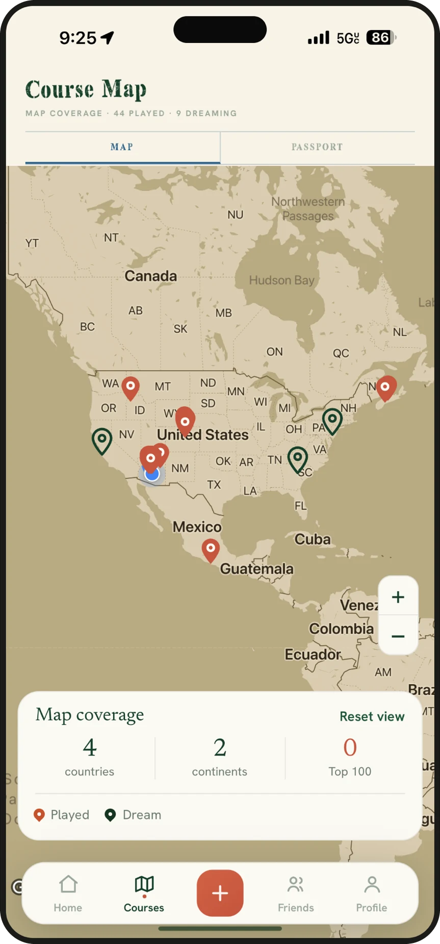 Course map with red pins for courses played and green pins for dream courses