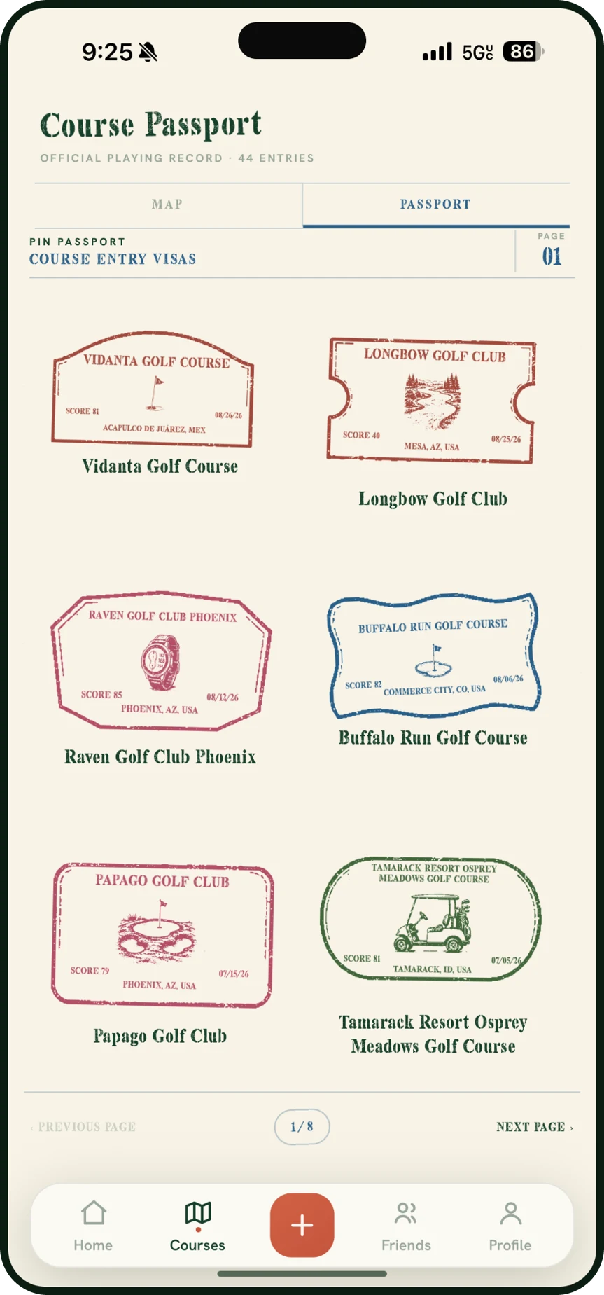 Course passport page with a stamp for each course played