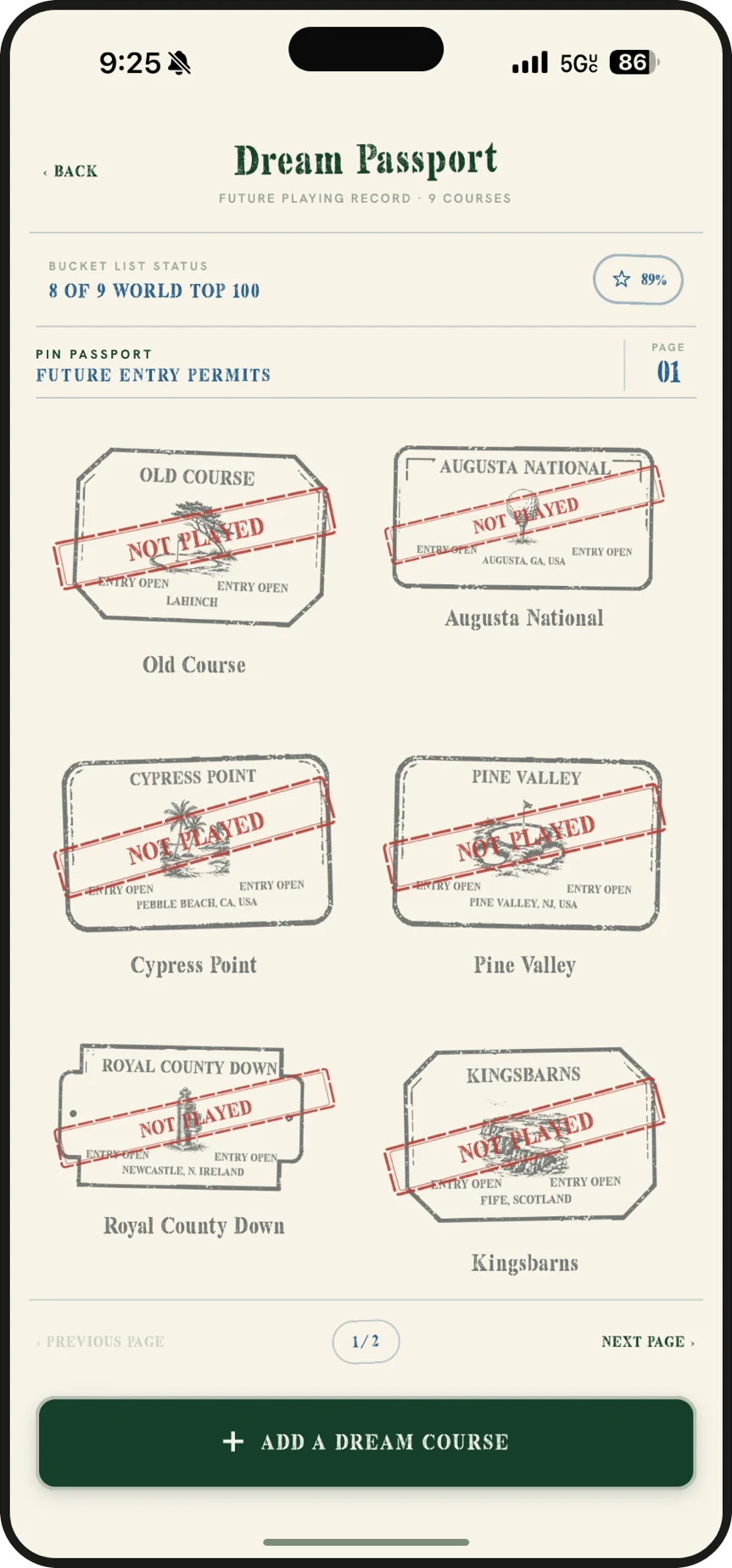 Dream passport with famous courses stamped not played